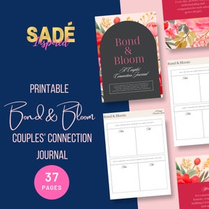 Pode incluir: Um "Diário de Conexão para Casais Bond & Bloom" imprimível com 37 páginas. A capa apresenta desenhos florais e o texto "Bond & Bloom" em uma fonte elegante. O diário é projetado para casais promoverem a compreensão.