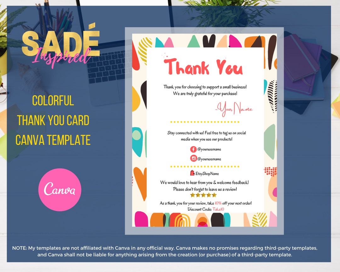 Colorful Thank You Card Template, Customizable Canva Design (instant ...