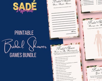 May include: A printable bridal shower games bundle with a navy blue background. The bundle includes several game cards with floral borders and text such as "Bridal Shower Date Night Ideas" and "Bridal Shower Soon-to-Be Newlyweds". The text "SADÉ Inspired" is also visible.