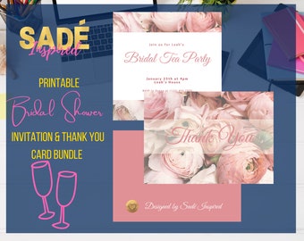 Pink Roses Bridal Shower Invitation & Thank You Card Template Bundle | Pink Roses Instant Download Bridal Shower Invitation