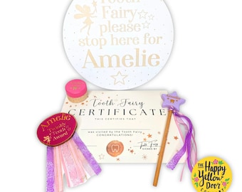 Personalised Tooth Fairy Bundle CHOOSE YOUR COLOURS Teeth Box, Certificate, Wand, Twinkly Teeth Award Badge & Stop Here Tooth Fairy Sign