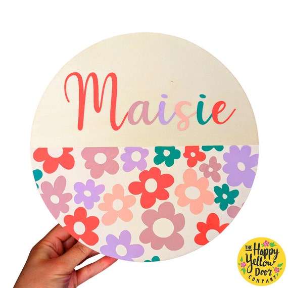 Personalised Children's Door Name Sign Flowers CHOOSE YOUR COLOURS Wooden Circle Bedroom Nursery Playroom Plaque Children Bold Colourful