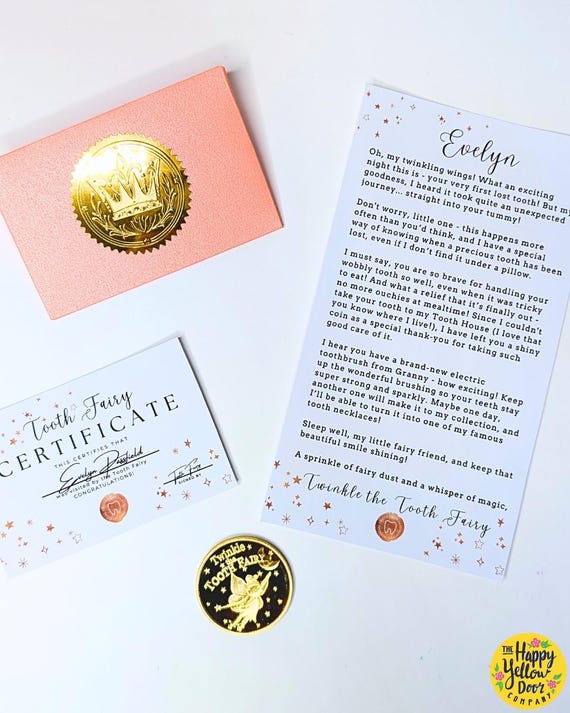 Tooth Fairy Letter Gift Set Personalised CHOOSE YOUR COLOURS Gift from tooth fairy, Crown Coin, Mini wand, Magic dust, Envelope, First tooth