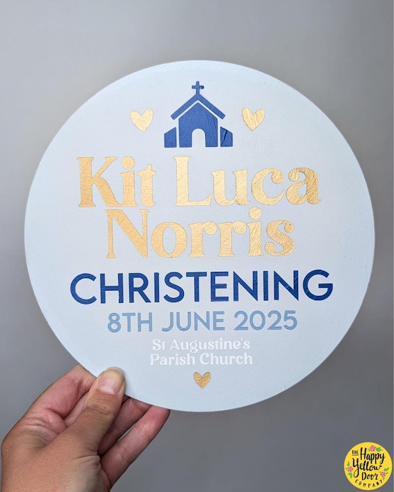 Personalised Christening Sign CHOOSE YOUR COLOURS Hand Painted Baby Name Plaque, Custom Church Sign for Baptism, 20cm Nursery Keepsake Gift