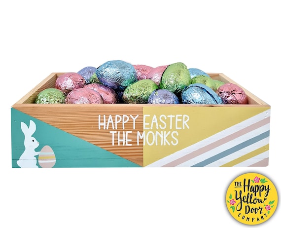 Easter Tray Personalised Crate CHOOSE YOUR COLOURS Wooden Egg Hunt Decor Decorations Hamper Hand Painted Children Kids Easter Gift Favours