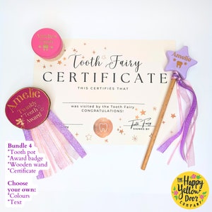 Personalised Tooth Fairy Bundle CHOOSE YOUR COLOURS Teeth Box, Certificate, Wand, Twinkly Teeth Award Badge & Stop Here Tooth Fairy Sign Bundle 4