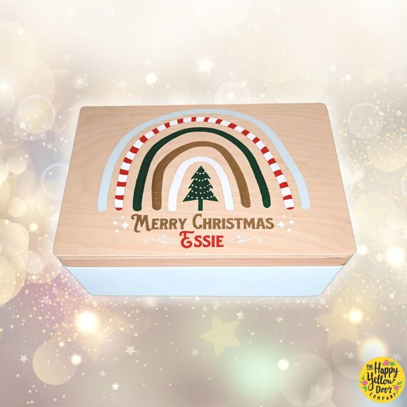 Personalised Christmas Scandi Eve Box CHOOSE YOUR COLOURS Rainbow Candy Cane Hand Painted Wooden Keepsake Memory Children Baby Xmas Girl Boy