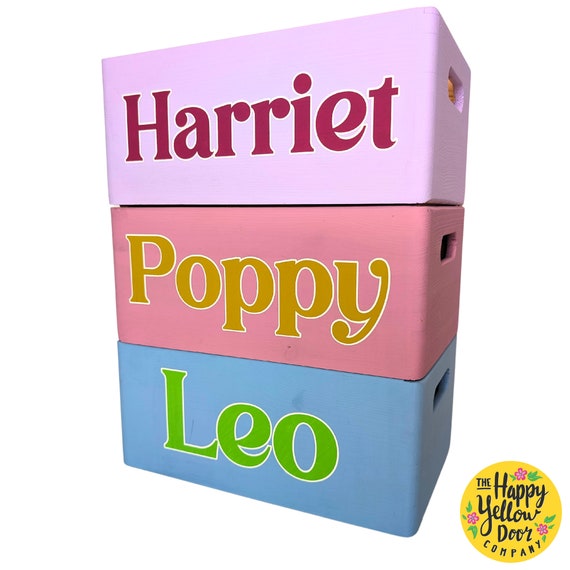 Personalised Name Wooden Crate CHOOSE YOUR COLOURS Modern Cool Typography Toys Books Treasure Storage Painted Custom Birthday Baby Shower