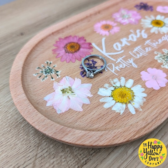 Trinket Dish Pressed Flowers CHOOSE YOUR TEXT Jewellery Tray Holder Real Flowers Thank You Teacher Gift Daisy Leaf Special Present Wooden