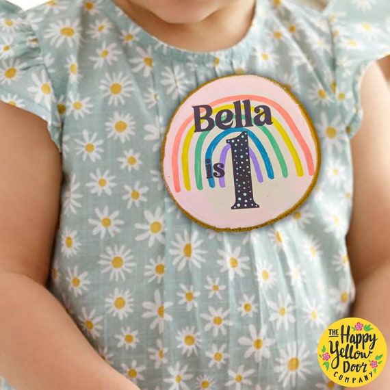Rainbow Birthday Badge Woodslice CHOOSE YOUR COLOURS First birthday 1st 2nd 3rd 4th 5th 6th 7th Children Safety Clasp Wood Slice Eco