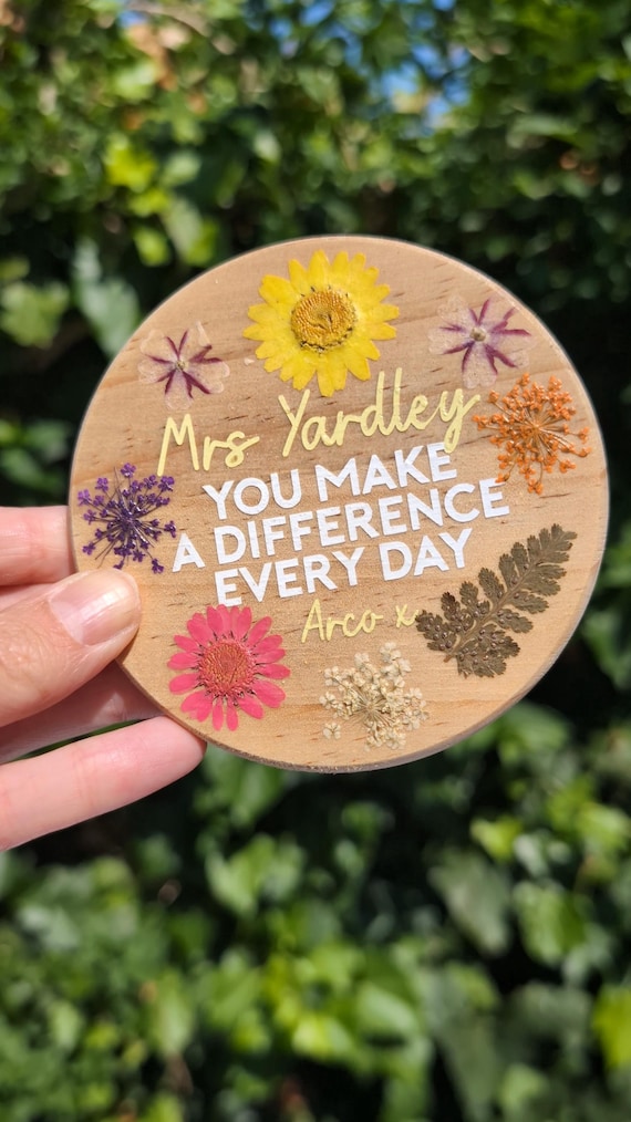 Teacher Magnet Thank You Pressed Flowers CHOOSE YOUR TEXT Real Flowers Thank You Teacher Gift Daisy Leaf Special Present Wooden