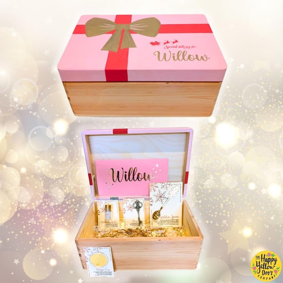 Filled Christmas Box Personalised Croquette Bow CHOOSE YOUR COLOURS Pink Red Key Coin Decoration Santa Letter Wooden Keepsake Fairy Light Up