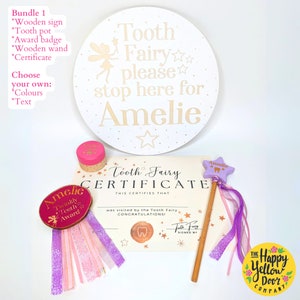 Personalised Tooth Fairy Bundle CHOOSE YOUR COLOURS Teeth Box, Certificate, Wand, Twinkly Teeth Award Badge & Stop Here Tooth Fairy Sign Bundle 1