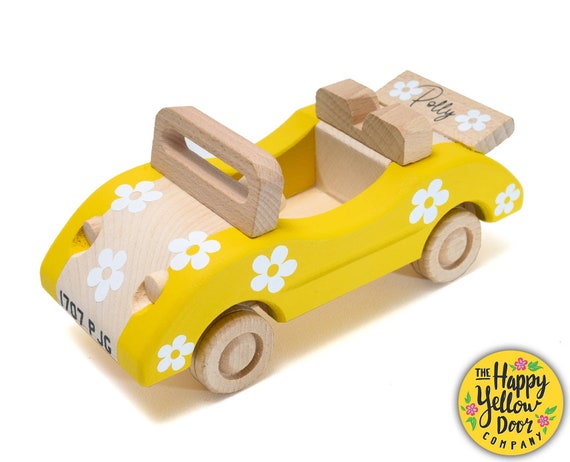 Wooden Car Toy Personalised Flowers Convertible CHOOSE YOUR COLOURS Hippy Solid Montessori Painted Vehicle Birthday Christmas Children