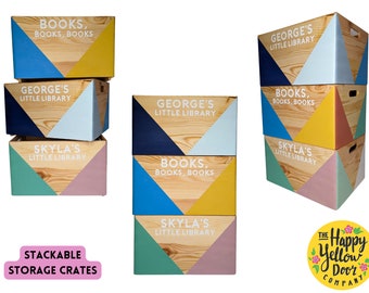 Personalised Stackable Wooden Book Crate, Kids Story Library