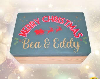 Personalised Merry Christmas Eve Box, Hand Painted Wooden Keepsake