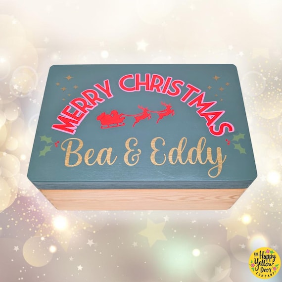 Personalised Merry Christmas Eve Box CHOOSE YOUR COLOURS Key Decoration Coin Spoon Letter Hand Painted Wooden Keepsake Girl Boy