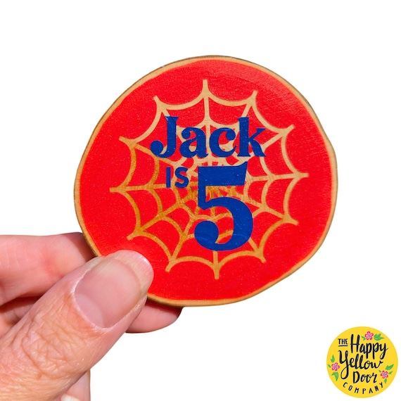 Spiderman Superhero Birthday Badge Woodslice CHOOSE YOUR COLOURS Spider web First birthday 1st 2nd 3rd 4th 5th 6th 7th Children Wood Slice