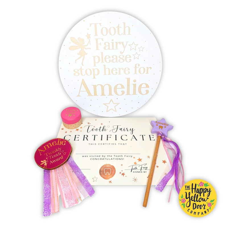 Personalised Tooth Fairy Bundle CHOOSE YOUR COLOURS Teeth Box, Certificate, Wand, Twinkly Teeth Award Badge & Stop Here Tooth Fairy Sign Sign ONLY