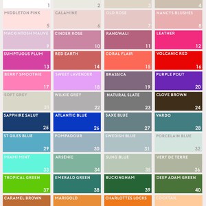 May include: A color chart titled CHOOSE YOUR PERFECT COLOUR COMBINATION featuring 52 numbered rectangular swatches. The grid displays a wide variety of hues including whites, pinks, reds, purples, grays, blues, greens, oranges, yellows, and metallic tones.