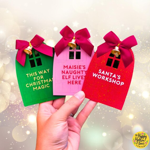 Personalised Elf Door Christmas Xmas CHOOSE YOUR COLOURS Santa's Workshop Naughty Elf Lives Here Stocking Children Kids Bow Bell