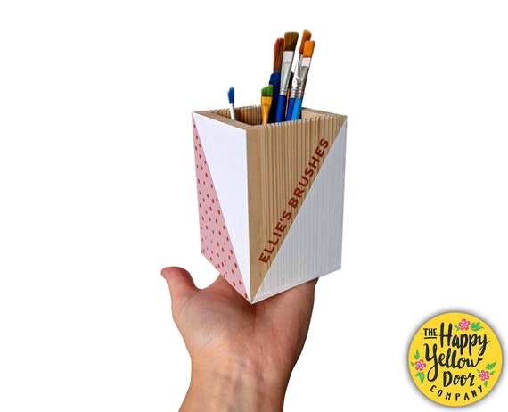 Brush Pen Pot Personalised CHOOSE YOUR COLOURS Brush Holder Wooden Geometric Design Artist Gift School Desk Office Studio Holder For Desk