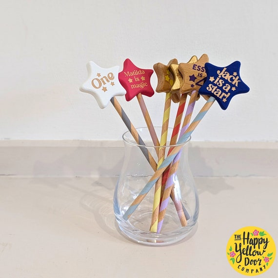 Personalised Wooden Wand Hand Painted CHOOSE YOUR COLOURS Children's Kid's Beech 18cm Fairy Star Pretty New Sister Thank You Teacher Gift