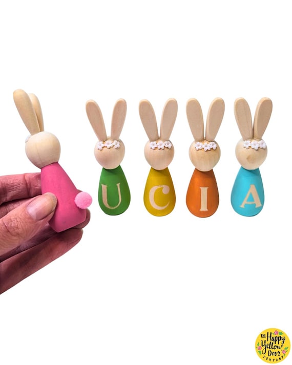 Personalised Wooden Bunny Peg Dolls CHOOSE YOUR COLOURS Easter Gift, Montessori Toy, Custom Initial Rabbit Figures, Handmade Spring Decor