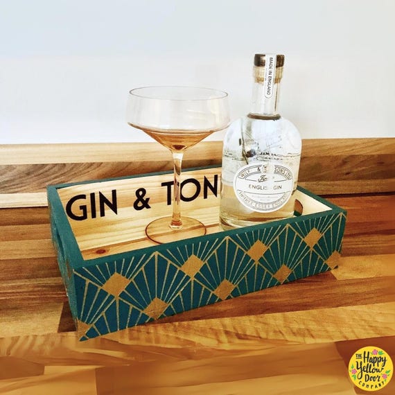 Gin and Tonic Tray Drink 1920s Art Deco Personalised Barware CHOOSE YOUR COLOURS Bar tray G&T Wooden Glass Home Display Keepsake Painted