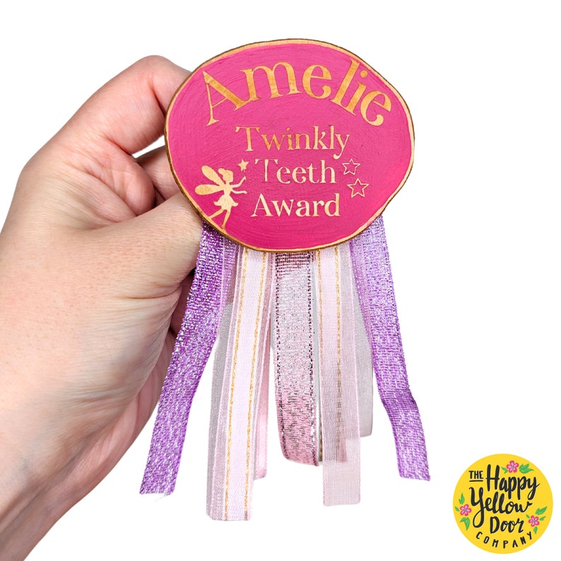 Personalised Tooth Fairy Bundle CHOOSE YOUR COLOURS Teeth Box, Certificate, Wand, Twinkly Teeth Award Badge & Stop Here Tooth Fairy Sign Award badge ONLY