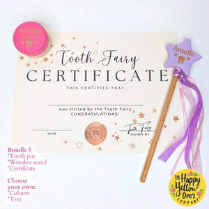 Personalised Tooth Fairy Bundle CHOOSE YOUR COLOURS Teeth Box, Certificate, Wand, Twinkly Teeth Award Badge & Stop Here Tooth Fairy Sign Bundle 5