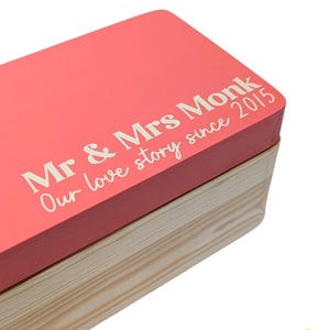 Personalised Anniversary Box CHOOSE YOUR COLOURS Painted Wooden Wedding Gift, Custom Text, Love Story, Gift for couple, 5th anniversary wood