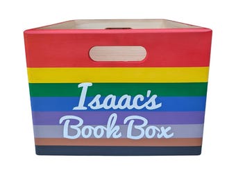 Personalised Rainbow Book Box, Hand-Painted Wooden Toy Storage