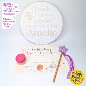 Personalised Tooth Fairy Bundle CHOOSE YOUR COLOURS Teeth Box, Certificate, Wand, Twinkly Teeth Award Badge & Stop Here Tooth Fairy Sign Bundle 2