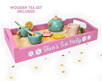 Personalised Wooden Tea Set, Custom Colour Tea Party, Pretend Play