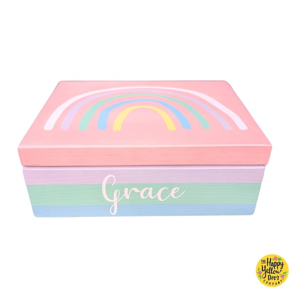 Rainbow Sectioned Jewellery Box Personalised CHOOSE YOUR COLOURS Bobbles Bows Wooden Storage Sections Painted Custom Gift Birthday