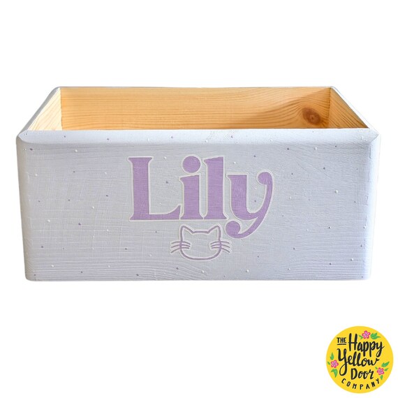 Pet Box Crate Cat Toy Box Personalised CHOOSE YOUR COLOURS Food Toys Wooden Kitten Dog Puppy Animal Organiser Gift for cat Hamper Name Sign