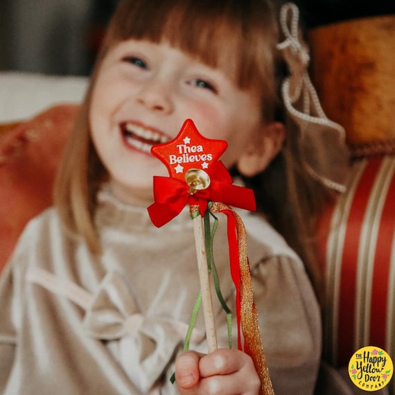 Christmas Wand Personalised Star Wooden CHOOSE YOUR COLOURS Stocking Filler Advent Gift Beech 18cm First Xmas Gift Red Bow Ribbon Gold Bell