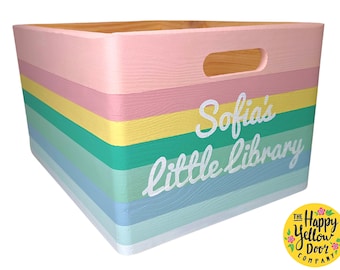 Personalised Pastel Rainbow Book Box, Hand-Painted Wooden Story Storage