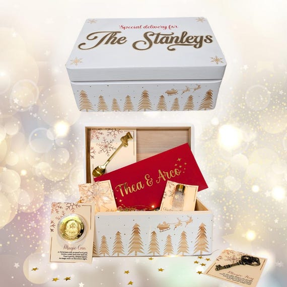 Filled Christmas Eve Box Personalised CHOOSE YOUR COLOURS Key Coin Decoration Spoon Santa Letter Wooden Keepsake Scandi Fairy Light Up