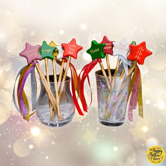 Personalised Christmas Star Wand Wooden CHOOSE YOUR COLOURS Stocking Filler Advent Gift Beech 18cm Fairy Star First Christmas Festive Gift