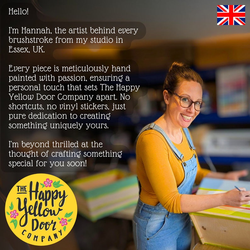 May include: A person wearing a mustard yellow long-sleeve shirt and blue denim overalls, painting a wooden object. The image includes text about The Happy Yellow Door Company, mentioning artist Hannah from Essex, UK, and her hand-painted studio work.