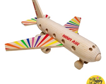 Rainbow Wooden Plane Toy Personalise CHOOSE YOUR COLOURS Striped Wings Painted Airplane Custom Birthday Christening Christmas Children