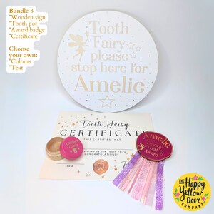 Personalised Tooth Fairy Bundle CHOOSE YOUR COLOURS Teeth Box, Certificate, Wand, Twinkly Teeth Award Badge & Stop Here Tooth Fairy Sign Bundle 3