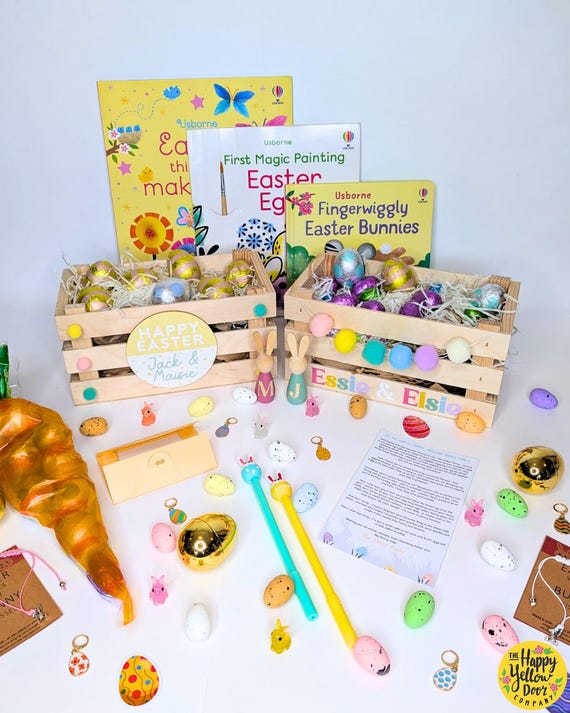 Easter Easter Crate, Gift Hamper CHOOSE YOUR COLOURS Easter Gift for Children, Easter Bunny Letter, Easter Books for Kids, Hand painted