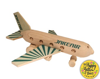 Wooden Plane Toy Personalise CHOOSE YOUR COLOURS Striped Wings Painted Airplane Personalised Custom Birthday Christening Christmas Children