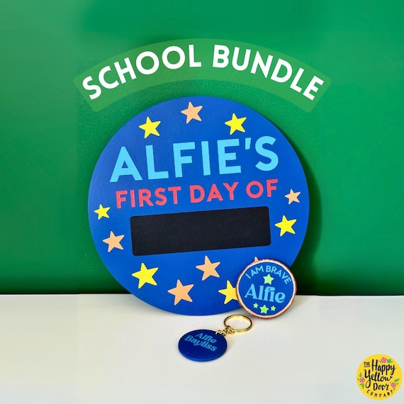 Starting School Gift Bundle, Personalised, First Day Back Present CHOOSE YOUR COLOURS Blackboard Photo Sign, Bag Name Tag, Brave Token