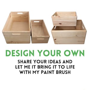 May include: Three wooden crates, two stacked on top of each other, and one smaller crate to the left. The crates are made of natural wood and have a rustic look. The text 