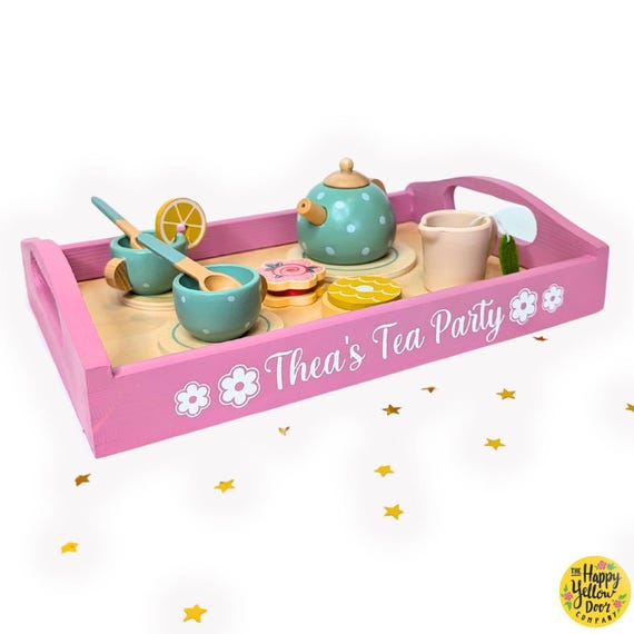 Personalised Tea Set Wooden CHOOSE YOUR COLOURS Add your name, Tea Party Set, Special Present, Unisex gift, Pretend play, Imaginative play