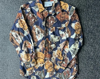 Monkey Wear Kids Vintage Dog Print Button Down Shirt Navy Blue Cotton Size 7 USA